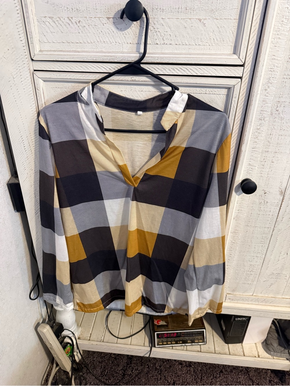 Plaid V-Neck Blouse in Mustard, Gray & Black